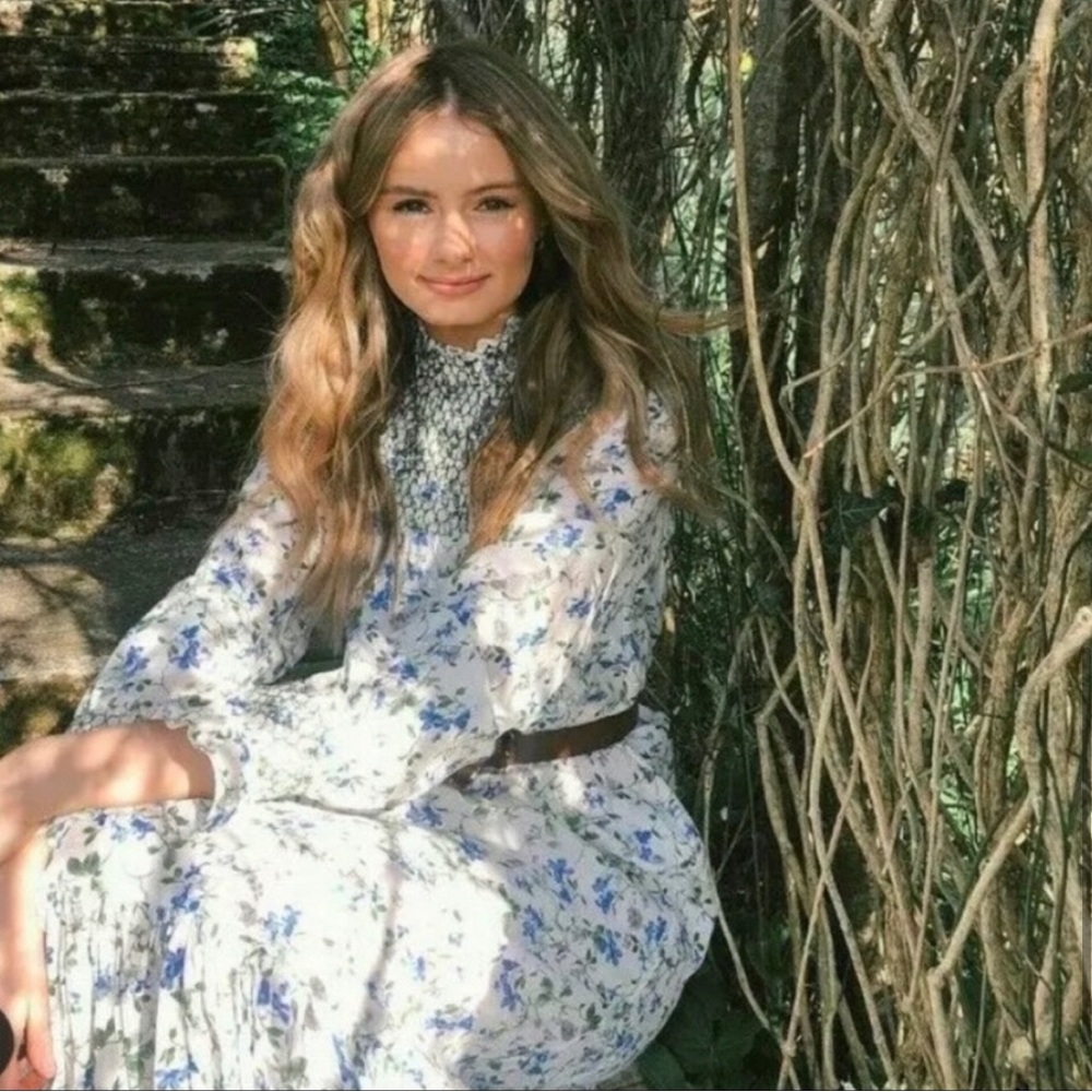 ZARA Blogger Fav Floral Print Rustic Cottagecore Smocked Maxi Long Sleeve Dress.